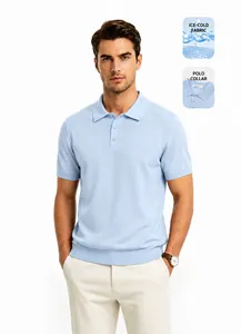 Premium light blue men's ice silk polo shirt featuring a breathable knit fabric and seagull collar