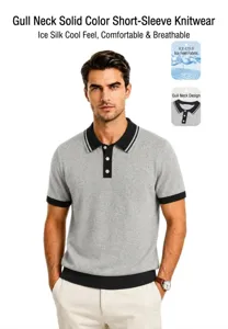 Professional detail view of a men's grey ice silk polo shirt featuring cooling fabric icons.