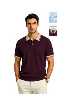 Detailed view of burgundy ice silk polo shirt featuring cooling fabric and seagull collar.