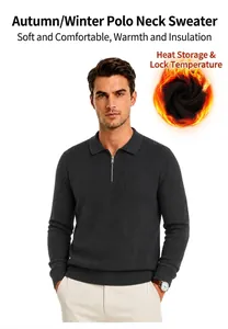 Premium men's quarter-zip polo knit sweater in an elegant dark grey ribbed texture