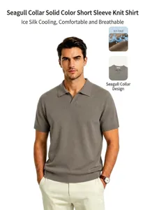 Men's grey ice silk knit polo shirt with breathable seagull collar design for summer wear