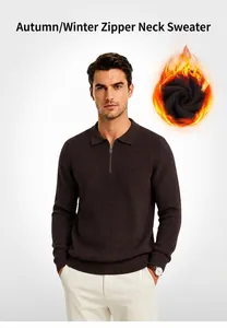 Dettaglio maglione uomo a coste marrone con mezza zip e colletto a polo stile classico