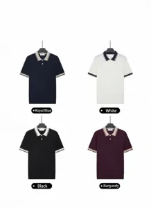 Detailed view of ice silk polo shirt color options in navy, white, black, and wine red.
