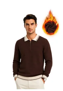 Men's half-zip brown knit sweater with warm fleece lining and striped collar detail