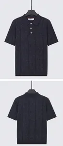 Front and back views of a navy blue breathable knitted Polo shirt for business