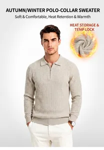Vue détaillée d'un pull pour homme en maille torsadée beige avec col polo zippé.