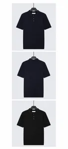 Detailed view of men's short sleeve knitted polo shirts in blue and black colors