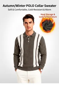 Detailed view of men's striped polo collar knit sweater with stylish vertical stripes
