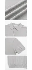 Detailed views of light grey ice silk knit polo shirt showing fabric, collar, and hem.