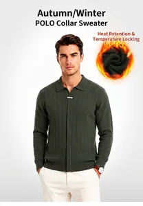 Detailed view of men's dark green ribbed knit sweater featuring a polo zip collar.