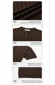 Close-up of brown knitted polo shirt with rib fabric texture and seagull collar design