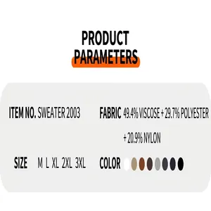 Productspecificatiekaart met stofsamengestelling en maattabel voor heren gebreide trui