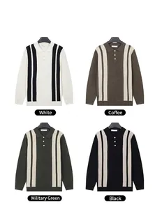 Detail showing four color options of mens striped polo neck knit sweaters