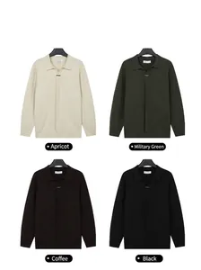 Detail view showing men's ribbed knitted polo cardigans in four essential colors.
