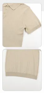 Detailed close-up view of a men's beige ice silk polo shirt showing cuffs and hem