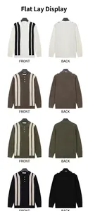 Detail view of multi-color men's striped polo sweaters in front and back positions