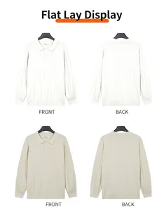 Front and back views of a men's ribbed knit polo sweater in white and beige colors.