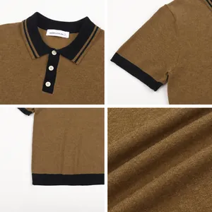 Detail shots of men's premium ice silk knit polo shirt in brown with black accents.