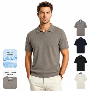 Men Ice Silk Cooling Knit Polo Shirt Solid Color Short Sleeve Seagull Neck Breathable Slim Fit Knitted Top Casual Fashion T-Shirt