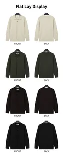 Front and back views of men's ribbed zip-up polo sweaters in four colors on hangers