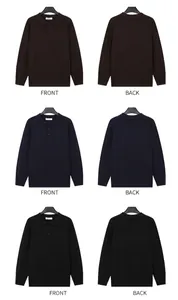 Detailed front and back views of men's polo collar knit sweaters in three sophisticated dark colors