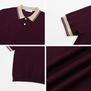 Premium burgundy men's ice silk polo shirt with contrast striped seagull collar.