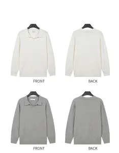 Vorder- und Rückansicht weißer und grauer langärmliger gestreifter Strick-Poloshirts.