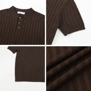 Men's brown ice silk knit polo shirt featuring seagull collar and elastic cuffs.