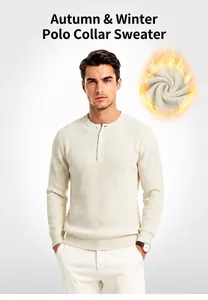 Premium men's solid cream knit sweater with button neck detail for autumn and winter.
