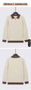 Detailed view of men's apricot half-zip knit polo sweater with brown contrast trim.
