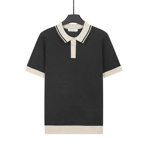 Men's luxury knitted ice silk polo shirt with contrasting cream collar and ribbed cuffs