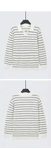 Vista anteriore e posteriore della polo in maglia a righe a maniche lunghe con collo Johnny.