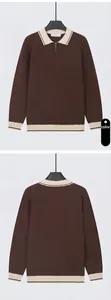 Front and back views of a men's brown polo knit sweater with cream collar and trim