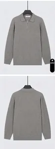 Front and back detail of light grey men's half-zip ribbed knit polo sweater.