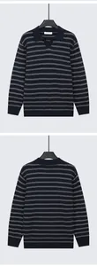 Vista anteriore e posteriore della polo in maglia a maniche lunghe a righe blu navy