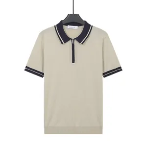 Men's ice silk knit polo shirt with navy contrast zipper collar and striped cuffs
