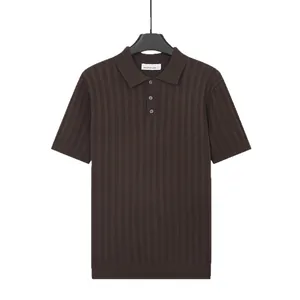 Dark brown men's ice silk knit Polo shirt with vertical ribbed texture and short sleeves
