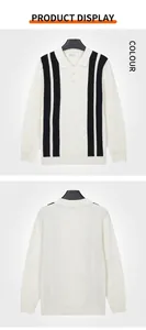Detailed front and back view of a men's striped polo neck knitted sweater in white