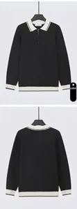 Front and back views of a men's black knit polo sweater with white trim and half-zip