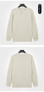 Detailed front and back views of a men's apricot polo collar long sleeve knit sweater