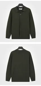 Detailed view of men's army green ribbed knit polo cardigan showing front and back