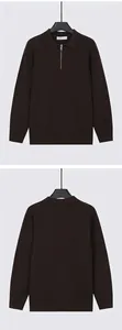 Detailed front and back views of a men's brown quarter-zip ribbed knit polo sweater