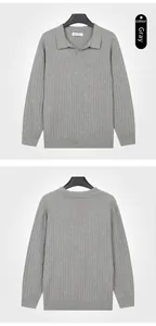 Graues Herren-Strick-Poloshirt mit Möwenkragen, Vorder- und Rückansicht Details
