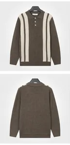 Front and back detail of brown striped men's long-sleeve knit polo sweater.
