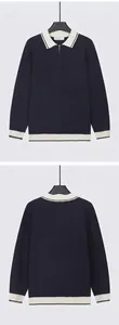 Front and back view of men's navy blue half-zip polo knit sweater with white trim