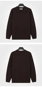 Front and back macro view of a men's ribbed knit long-sleeve polo sweater in coffee brown.