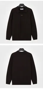 Detailed front and back views of a men's coffee brown polo collar knit cardigan with zipper