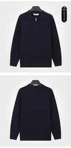 Détail recto et verso du pull en maille bleu marine pour homme avec col polo et fermeture éclair.