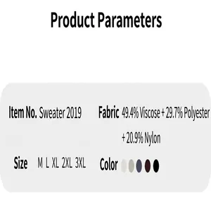 Detailed product specification showing fabric composition and size ranges for men's sweater