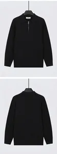 Detailed front and back view of men's black half-zip ribbed knit polo sweater texture.